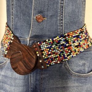 Vtg Statement Multi Color Bead Wood Buckle Stretch Belt Boho Festival Colorful